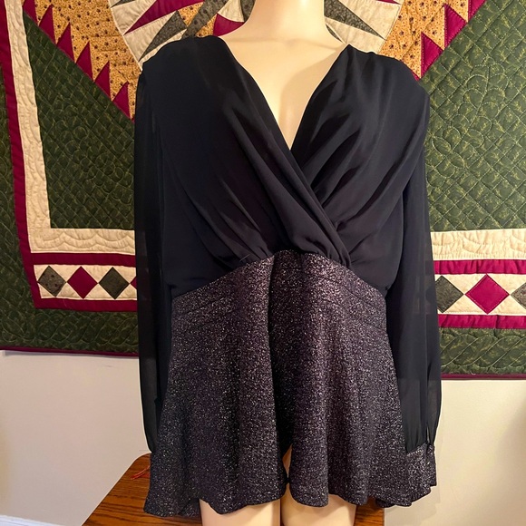 City Chic Tops - Nordstrom City Chic Black and silver layered Peplum Glitter Blouse, XL